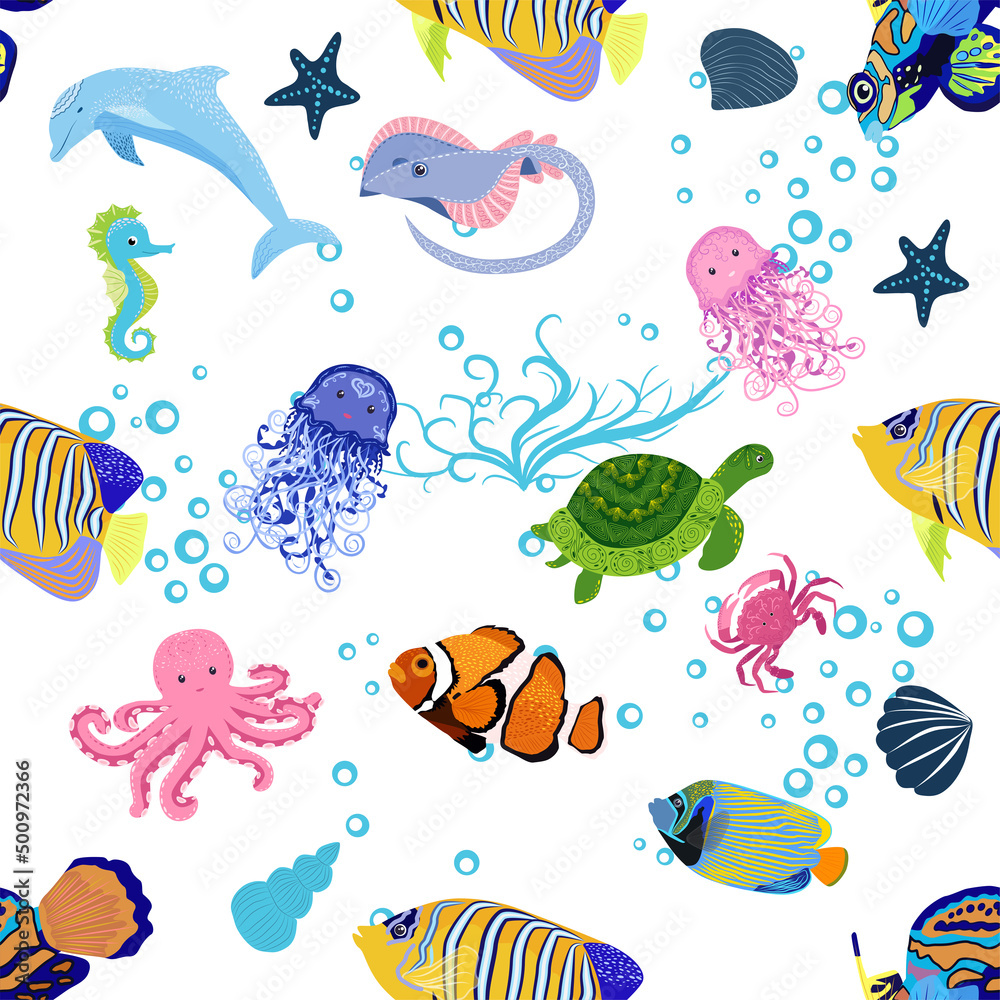 Marine life, fish, animals bright seamless pattern. sea travel, underwater diving animal tropical fish. Jellyfish, whale, shark, seahorse, clown fish, dolphin, turtle, emperor Marine life, fish, animals bright seamless pattern. sea travel, underwater diving animal tropical fish. Jellyfish, whale, shark, seahorse, clown fish, dolphin, turtle, emperor