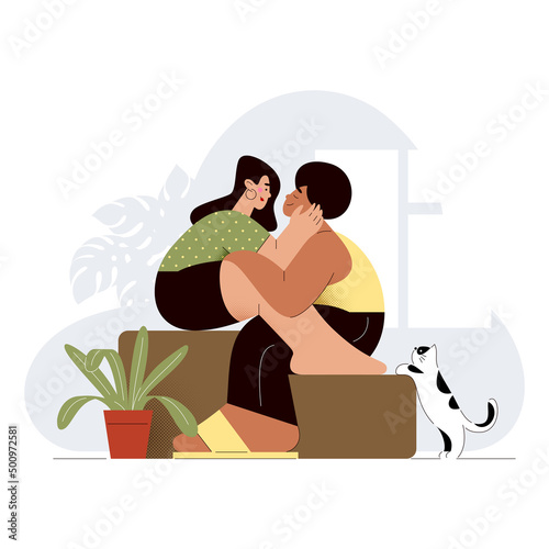 Loving couple hugging in room. Funny romantic illustration with young people and cat in an apartment in flat cartoon style. Modern trend character. Vector template line art, minimal