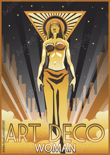 Art Deco Style Golden Woman Statue Poster. 1920s Modern Design Illustration