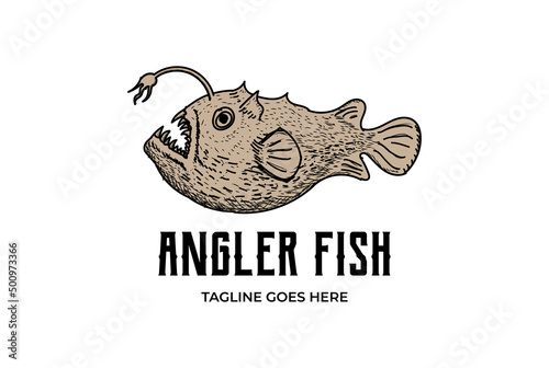 Retro Vintage Hand Drawn Sketch Ocean Angler Fish Logo Design Vector