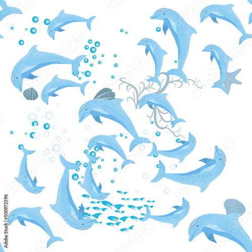 Dolphin, sea inhabitants seamless pattern, beautiful character among seashells, algae, starfish, marine wildlife