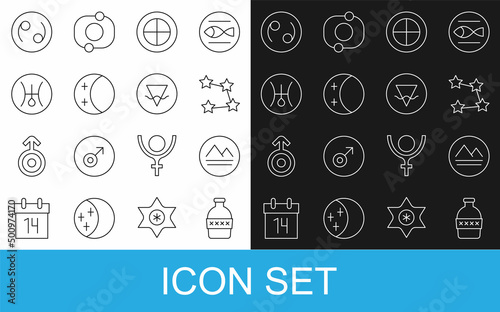 Set line Bottle of water, Earth element, Star constellation zodiac, globe, Eclipse the sun, Symbol Uranus, Cancer and icon. Vector