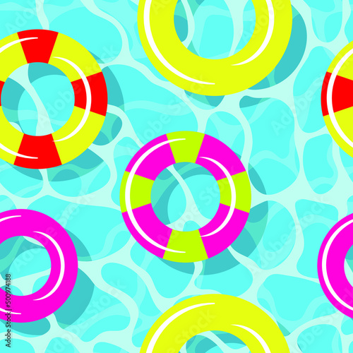 Summer blue water ripples swiming pool top view with colorful floats. Seamless pattern vector illustration.