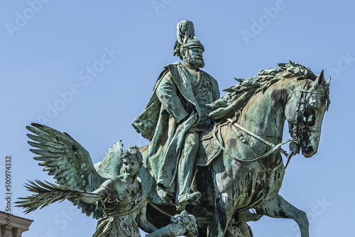 Kaiser Wilhelm I Monument (1896) in Dusseldorf. Equestrian statue of the emperor, flanked by allegorical figures representing war and peace, and bronze reliefs. DUSSELDORF, GERMANY. photo