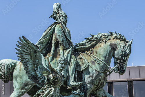 Kaiser Wilhelm I Monument (1896) in Dusseldorf. Equestrian statue of the emperor, flanked by allegorical figures representing war and peace, and bronze reliefs. DUSSELDORF, GERMANY.