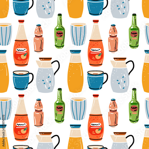 Colored seamless of food and drink. Pattern with bright colorful crockery. Cups for coffee, tea. Bottles of orange juice, jugs of milk. Colorful background for kitchen design.