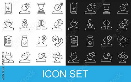 Set line Schizophrenia, Online psychological counseling, Male doctor, Old hourglass, Human with question mark, Concussion, headache, and Bipolar disorder icon. Vector