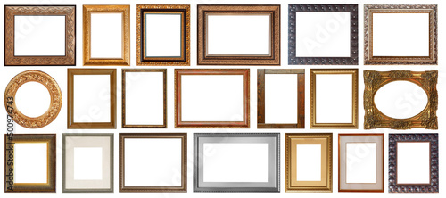 set of isolated antique frames gold gilding Silver on a white background