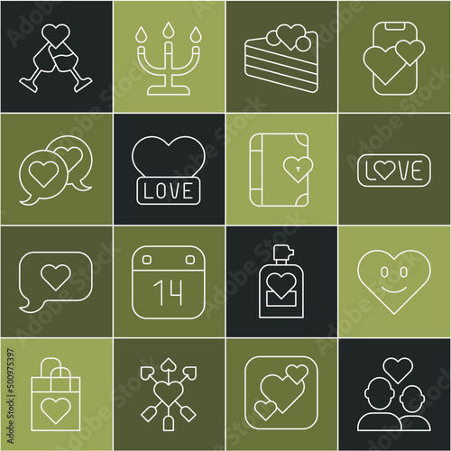 Set line Lover couple, Heart, text, Wedding cake, speech bubble, Glass of champagne and diary icon. Vector