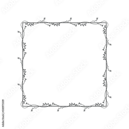 Abstract Black Simple Line Suqare With Leaf Leaves Frame Flowers Doodle Outline Element Vector Design Style Sketch Isolated Illustration For Wedding And Banner