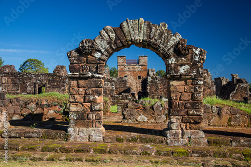 Paraguay - Itapua - Encarnacion - Arch and tower among the ruins of the jesuit guarani reduction La Santisima Trinidad de Parana, the only UNESCO World Heritage site in Paraguay photo