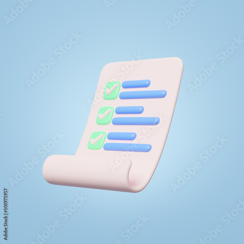 3d paper sheets with check marks on blue background. Confirmed or approved document icon. Beige clipboard with checklist symbol. Assignment done. Business cartoon style. 3d icon render illustration.
