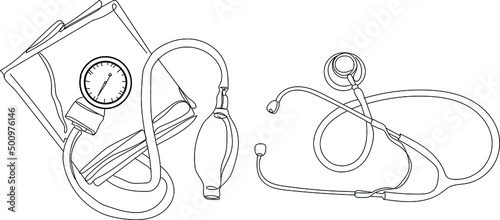 outline sketch drawing of stethoscope and sphygmomanometer, line art vector illustration silhouette of medical equipment