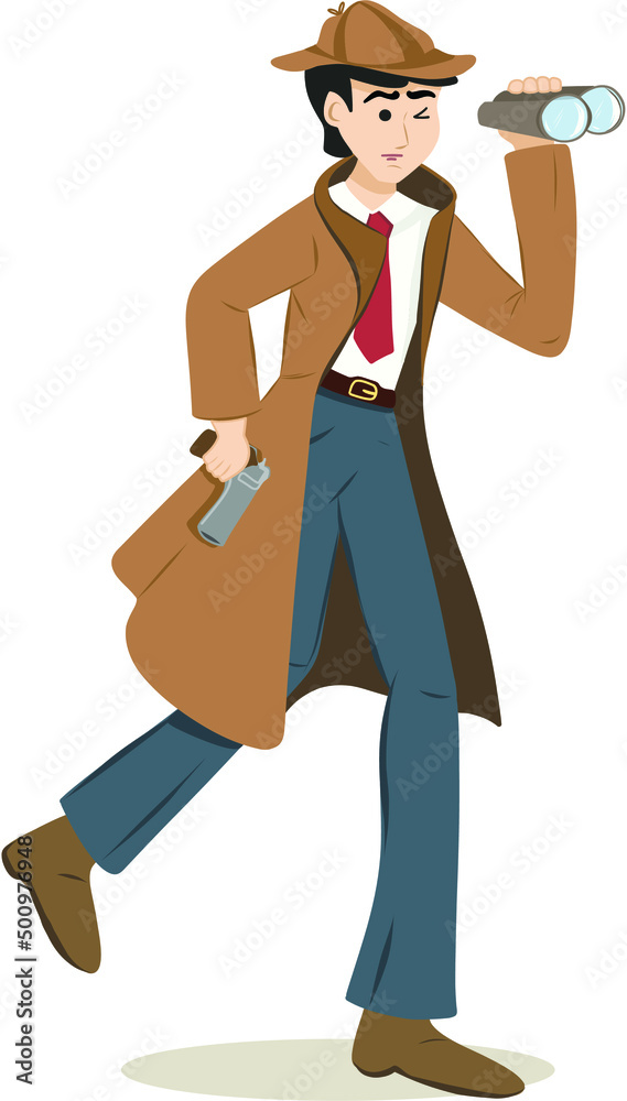 Detective Character running behind criminals holding gun and looking through binoculars Detective Character running behind criminals holding gun and looking through binoculars