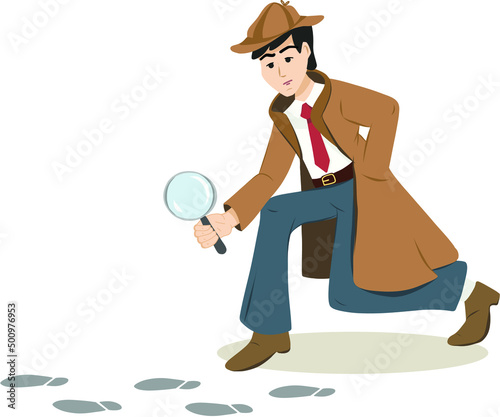 Detective Character running behind criminals holding gun and looking through binoculars