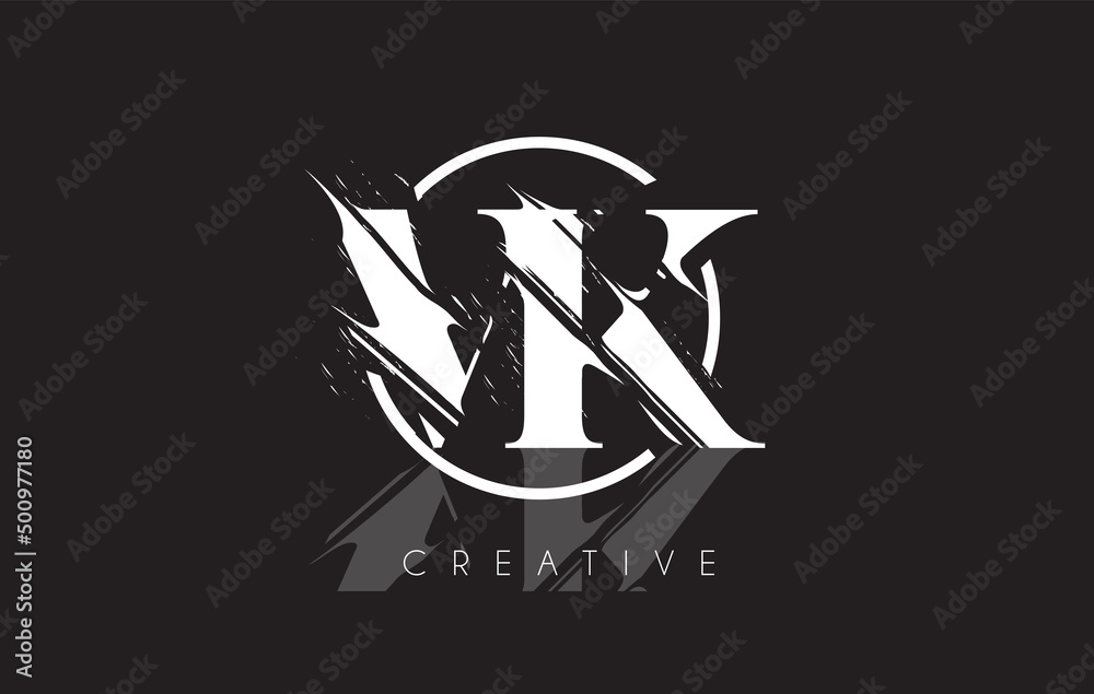 Fototapeta premium White VK Letter Logo with Vintage Grundge Drawing Design. Destroyed Cutted Letter Icon Vector.