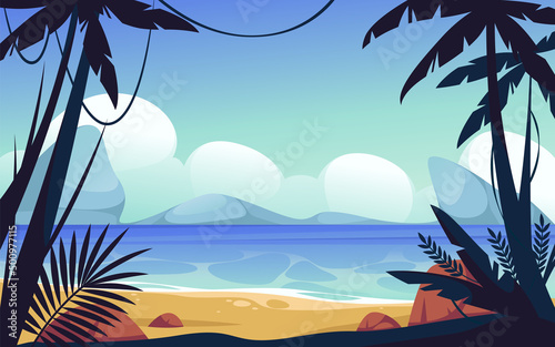 Seaside landscape or tropical scape, vector banner