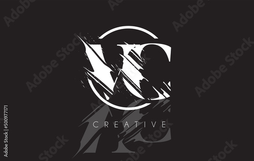 White VC Letter Logo with Vintage Grundge Drawing Design. Destroyed Cutted Letter Icon Vector.