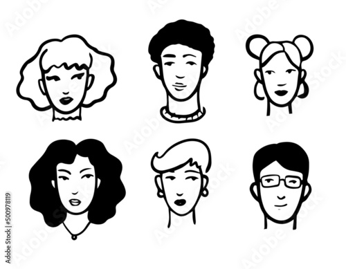 Set of different people faces. Outline illustration of men and women.