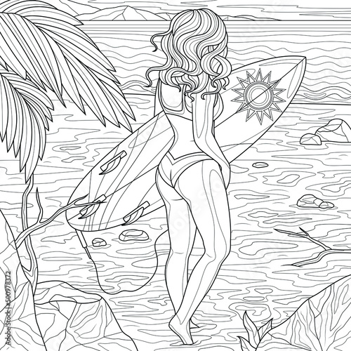 Surfer girl on the beach.Coloring book antistress for children and adults. Illustration isolated on white background.Zen-tangle style. Hand draw