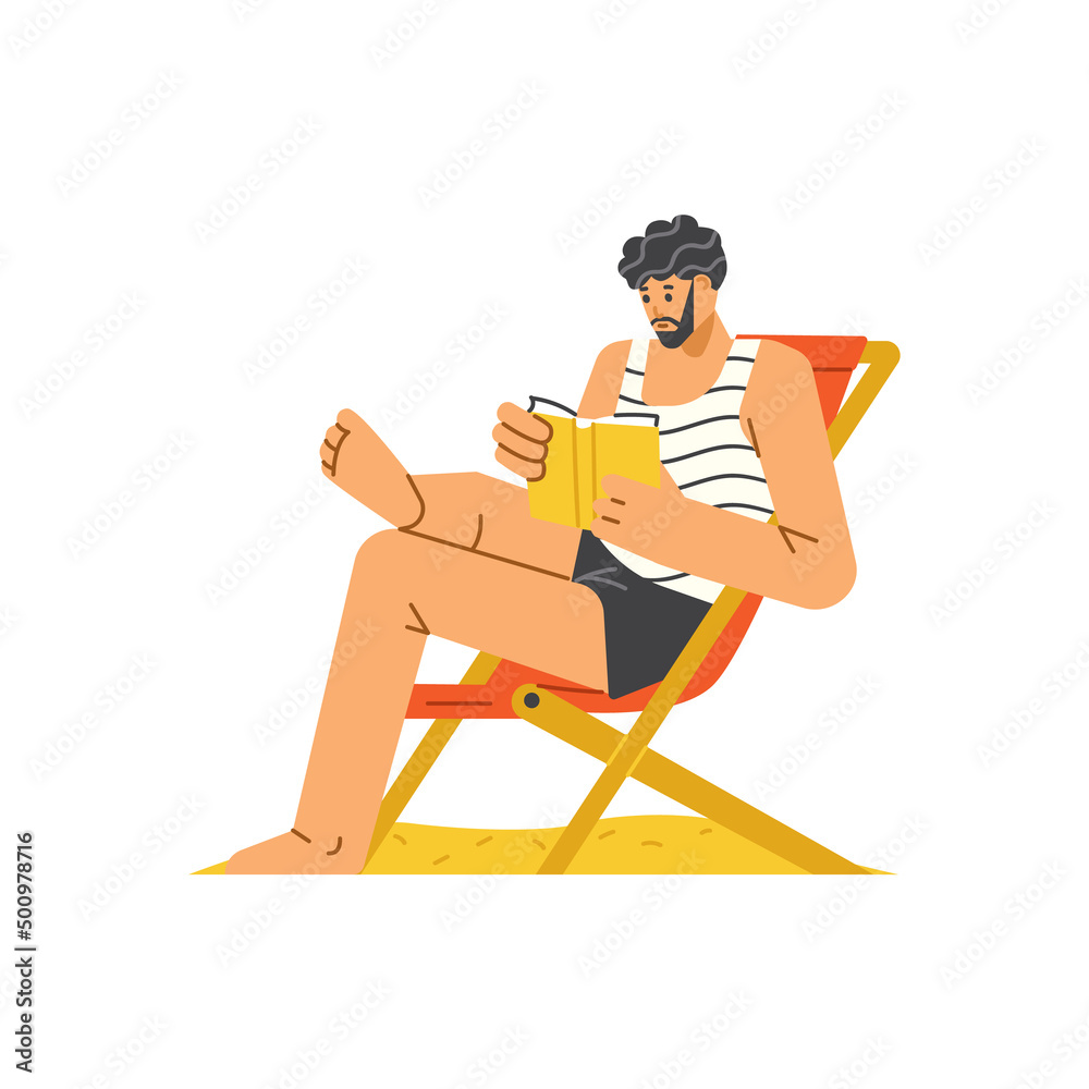 Young man resting, relaxing on beach, vector flat illustration isolated on white background.