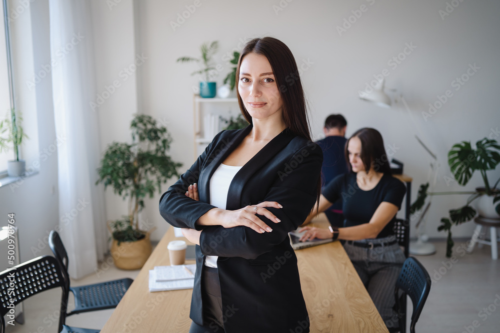 Successful female business coach or trainer posing in her office boardroom