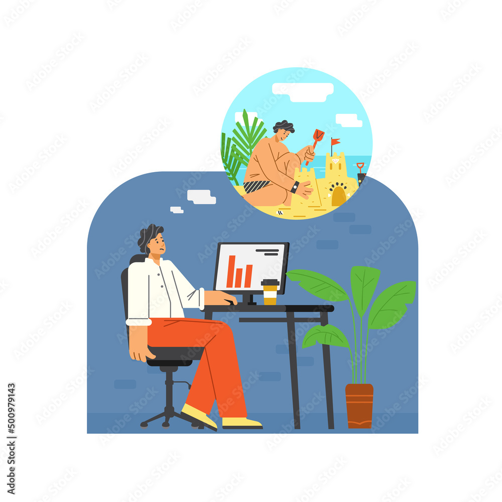 Office worker or businessman dreams about sea vacation, flat vector isolated. Office worker or businessman dreams about sea vacation, flat vector isolated.