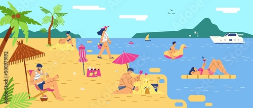 Man and woman characters resting on beach flat style, vector illustration