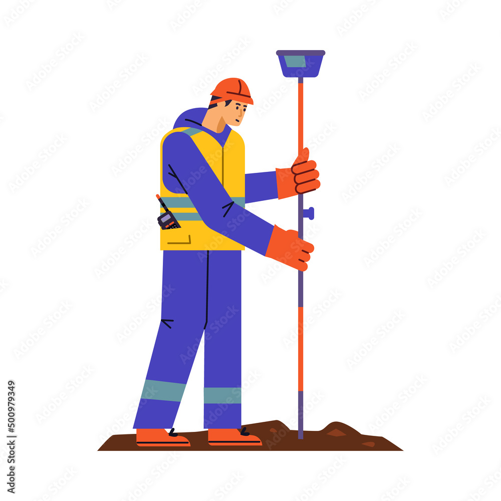 Man surveyor in special purple suit, yellow vest and orange gloves