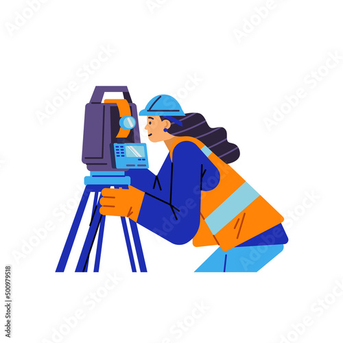 Surveyor engineer with theodolite device flat vector illustration isolated.