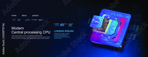 Modern CPU processor. Quantum microchip. Computer processor. Futuristic microprocessor with hud alements. New generation digital chip with HUD user interface. Advanced internet technologies