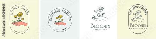 Logo for a flower farm, flower shop. Flowers are grown by hand in an ecological way. Wildflowers as a gift, vector illustration.