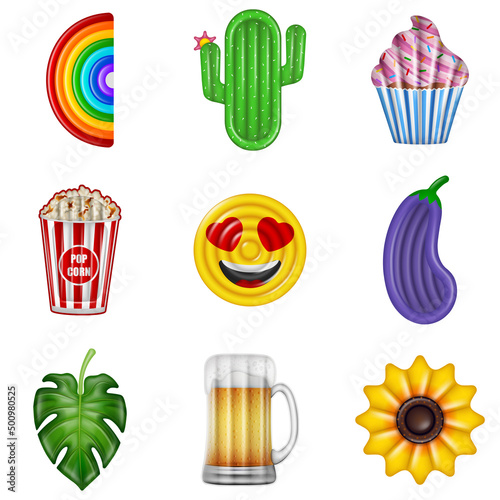 Set of isolated floating mattresses. Pool inflatables in the shape of rainbow, cactus, cupcake pop corn bucket, emoticon, eggplant, leaf, beer mug and sunflower