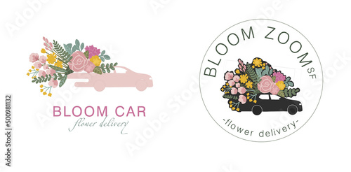 Bloom Car Logo. Flower delivery for florists. The car carries flowers to flower shops