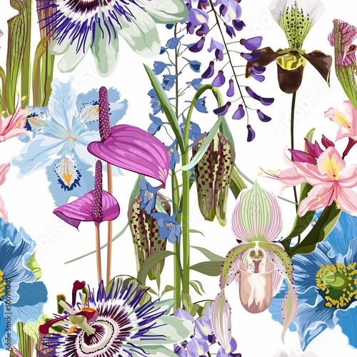 Tropical flower seamless pattern, buds and leaves on white background. Blooming floral for wallpaper, greeting card, web design, voucher, brochures and banners design. 