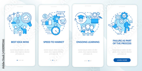 Innovative culture characteristics blue onboarding mobile app screen. Walkthrough 4 steps graphic instructions pages with linear concepts. UI, UX, GUI template. Myriad Pro-Bold, Regular fonts used