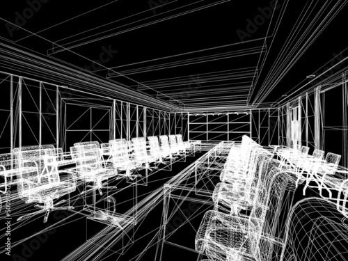 sketch design of interior conference room, 3d rendering wire frame
