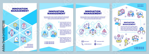 Innovation management turquoise brochure template. Generating solutions. Leaflet design with linear icons. 4 vector layouts for presentation, annual reports. Arial-Black, Myriad Pro-Regular fonts used