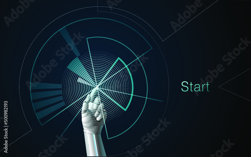 Vector image, background in dark blue colors with a graph and a robot arm on a futoristic theme