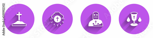 Set Grave with cross, Religious in circle, Knight crusader and Christian chalice icon with long shadow. Vector