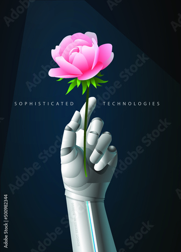 Vector image on a futuristic theme with a robot hand holding a beautiful flower
