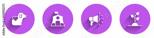 Set Heart with dog, Emergency medical tent, Megaphone and Volunteer team planting trees icon with long shadow. Vector