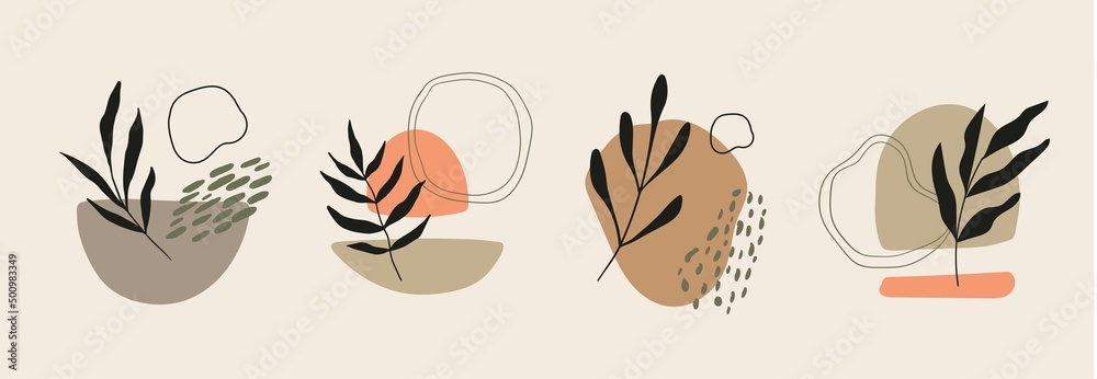Obraz premium Set of hand drawn various Shapes and Leaves. Boho Abstract contemporary modern trendy vector illustration. Isolated elements for social media and poster