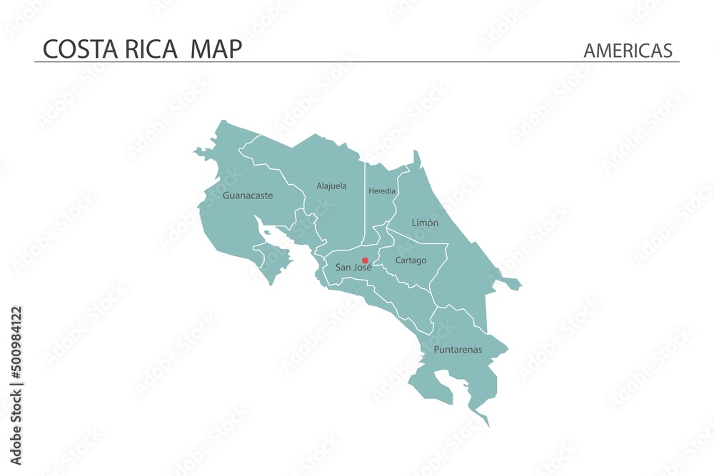 Costa Rica map vector illustration on white background. Map have all province and mark the capital city of Costa Rica.