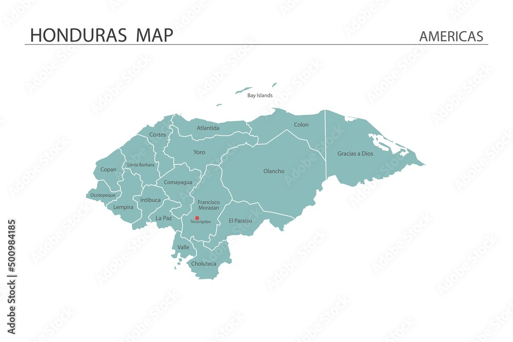 Honduras map vector illustration on white background. Map have all province and mark the capital city of Honduras.