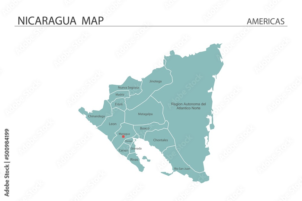 Nicaragua map vector illustration on white background. Map have all province and mark the capital city of Nicaragua.