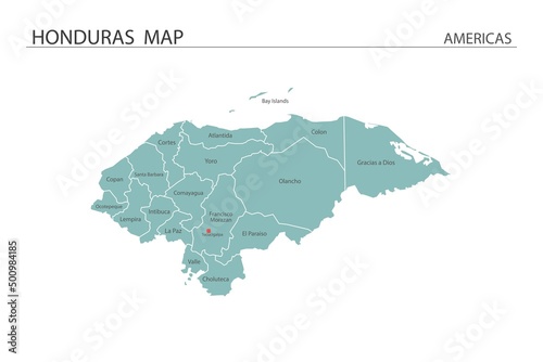 Honduras map vector illustration on white background. Map have all province and mark the capital city of Honduras.