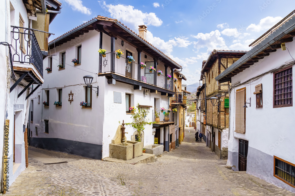 Jewish quarter with white houses and narrow alleys in Hervas, Caceres.