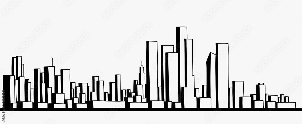 Fototapeta premium Modern cityscape skyline outline doodle drawing on white background.