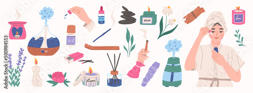 Self care and aromatherapy elements set, flat vector illustration isolated on white background. Woman character applying beauty product. Candle, palo santo, air humidifier, essential oil. Spa concept.